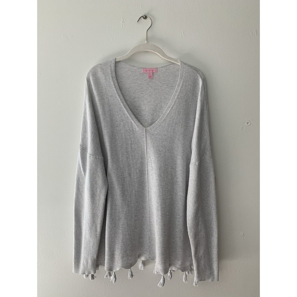 Lilly Pulitzer Summer Sweater Gray XL Scallop Hem With Tassels Palm Beach Resort